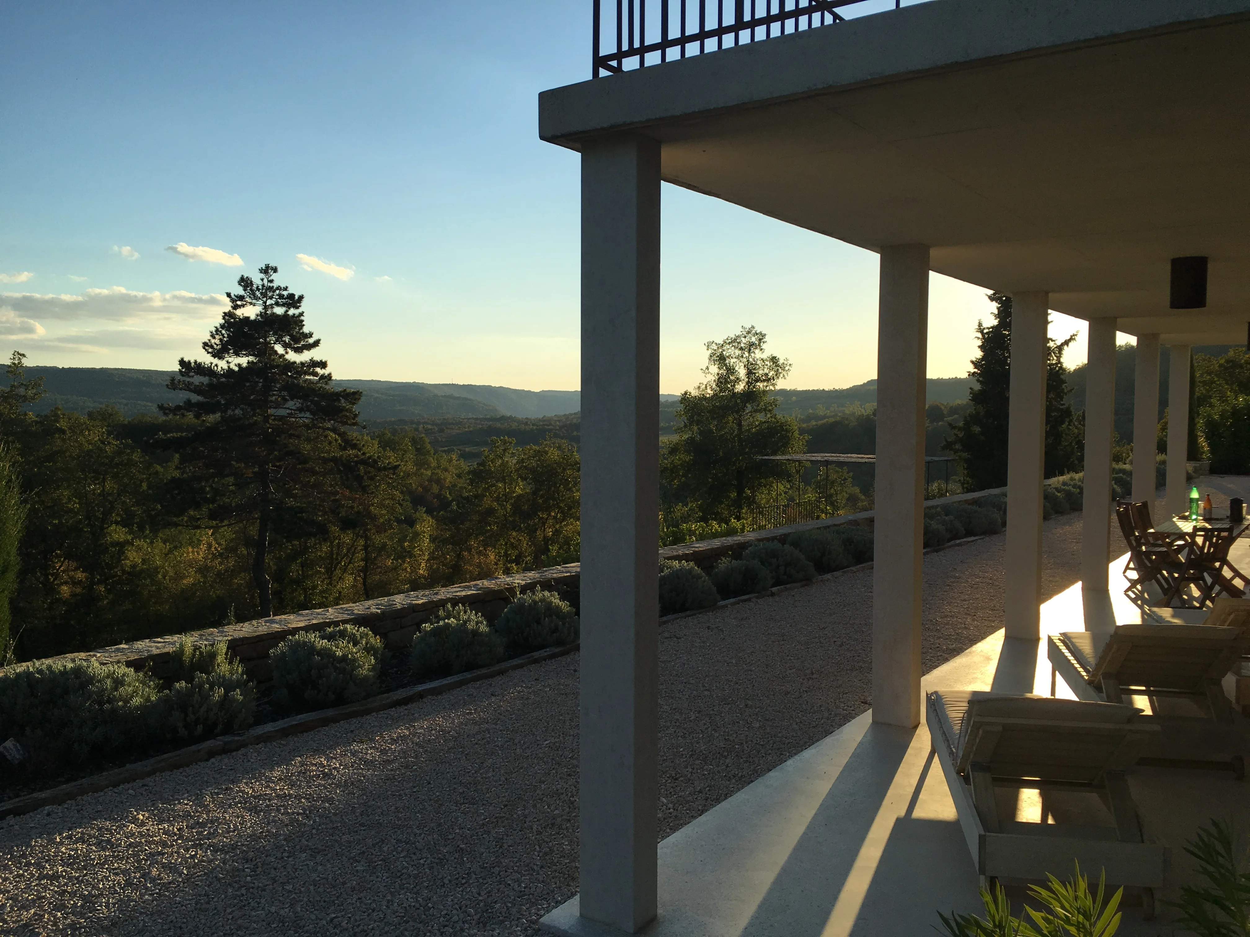 Terrace side view against a warm late-afternoon sky